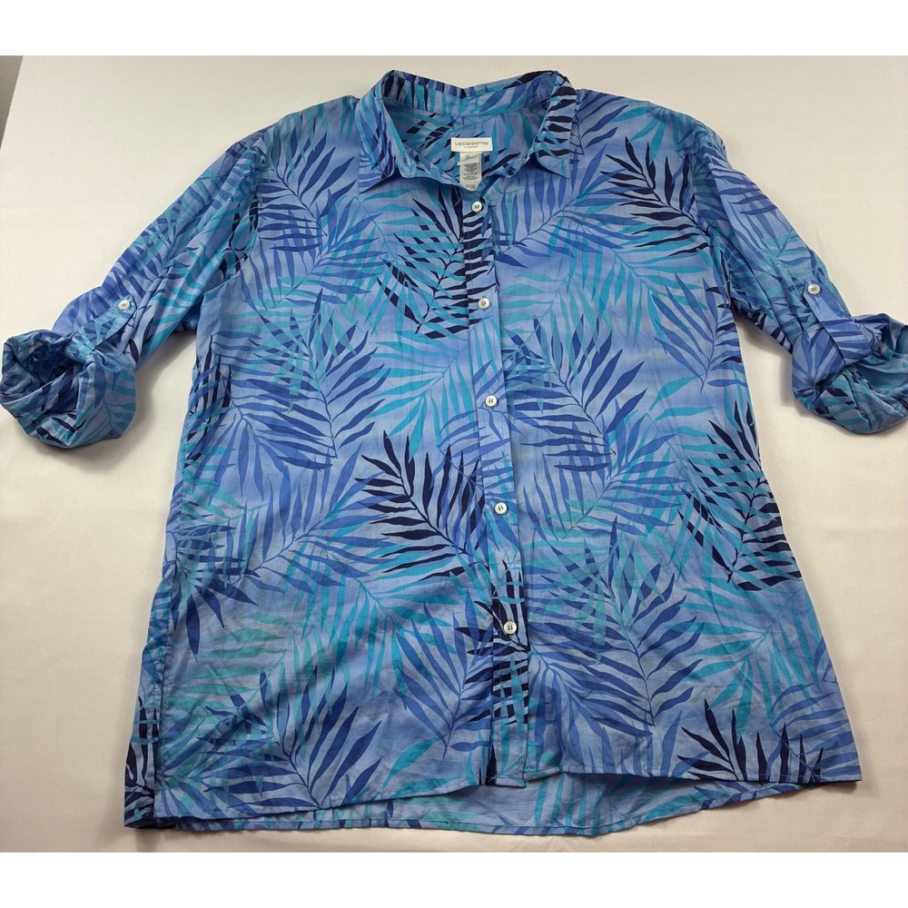 Liz Claiborne Lizsport Button Down Shirt Womens XL Blue Tropical Palm Leaf XL